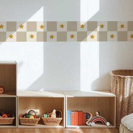 Checker Wall Border Stars above a playroom shelf
