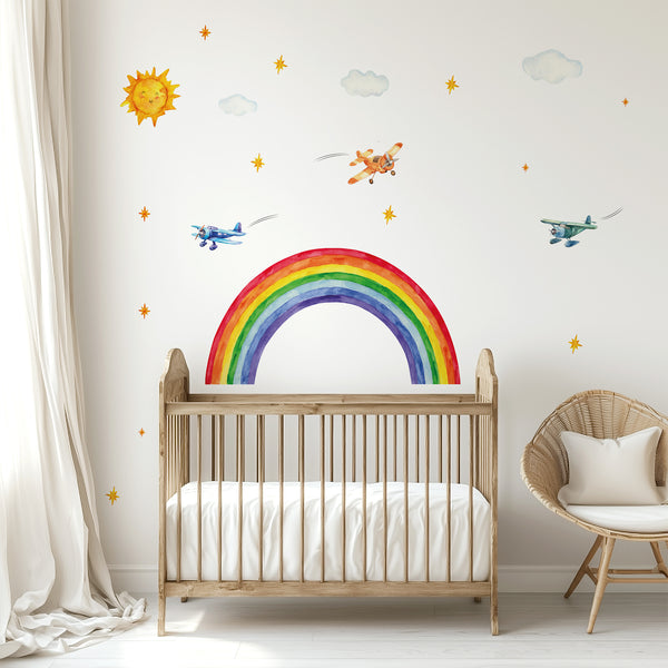 Rainbow Airplane Wall Decal – Planes, Sun & Clouds | Kids Nursery Wall Sticker