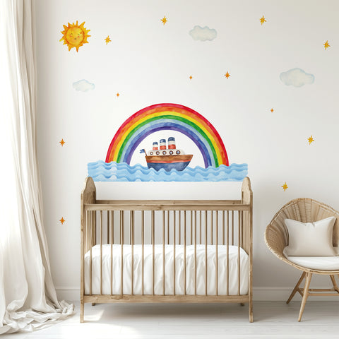 Watercolor Rainbow & Boat Wall Decal Set – Hand-Painted Nautical Wall Stickers for Baby Nursery, Kids Room & Playroom Decor