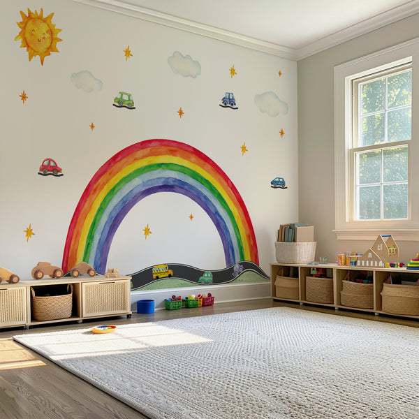 Rainbow Road Wall Decal – Cars, Sun & Clouds | Kids Nursery Wall Sticker