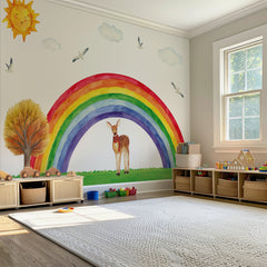 Rainbow & Deer Nursery Wall Decal – Sun, Clouds and Nature Theme | Kids Room Wall Sticker