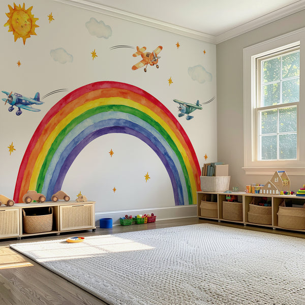 Rainbow Airplane Wall Decal – Planes, Sun & Clouds | Kids Nursery Wall Sticker