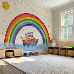 Large watercolor wall decal featuring a colorful rainbow arch over a steamship on blue waves with a smiling sun and clouds in a bright children's playroom and nursery.