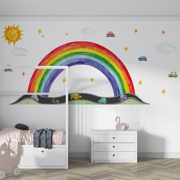 Rainbow Road Wall Decal – Cars, Sun & Clouds | Kids Nursery Wall Sticker