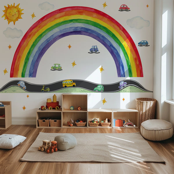 Rainbow Road Wall Decal – Cars, Sun & Clouds | Kids Nursery Wall Sticker