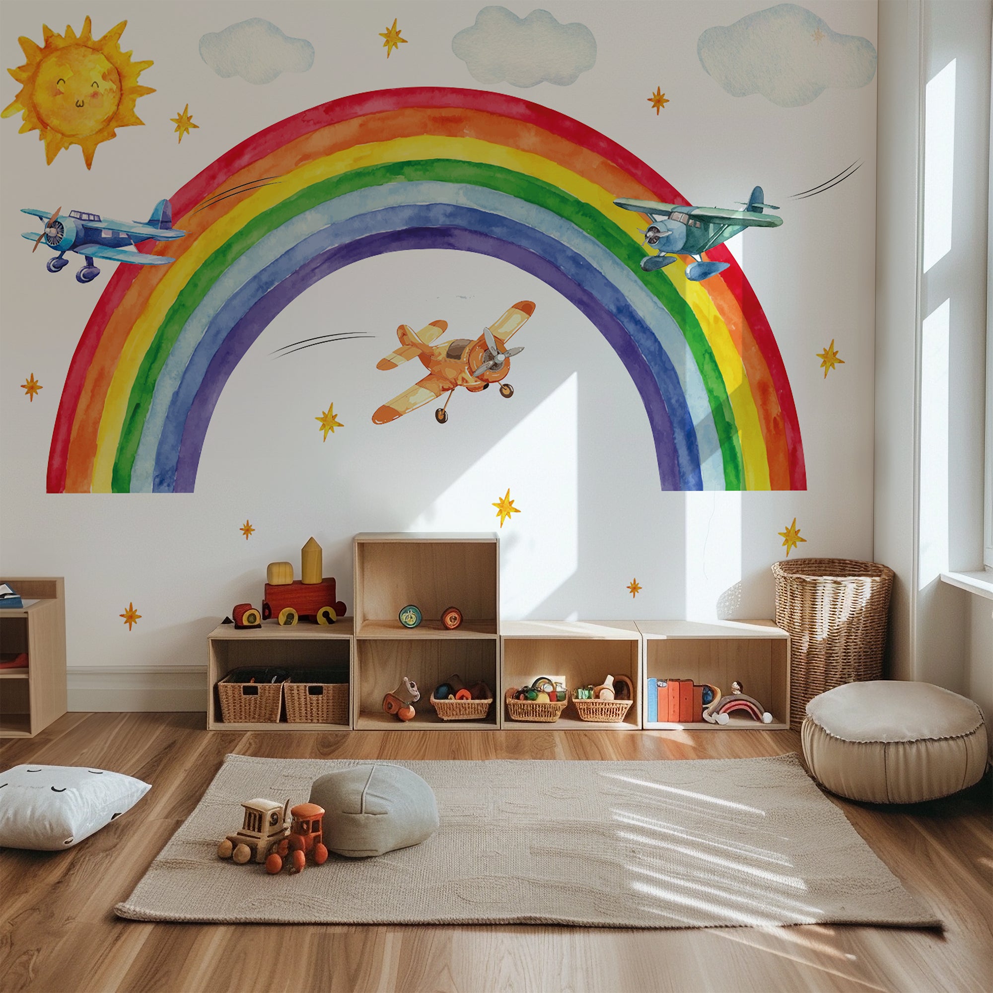 Rainbow Airplane Wall Decal – Planes, Sun & Clouds | Kids Nursery Wall Sticker