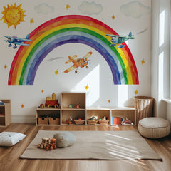 Rainbow Airplane Wall Decal – Planes, Sun & Clouds | Kids Nursery Wall Sticker
