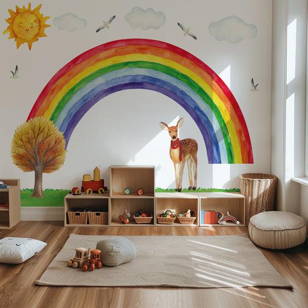 Rainbow & Deer Nursery Wall Decal – Sun, Clouds and Nature Theme | Kids Room Wall Sticker