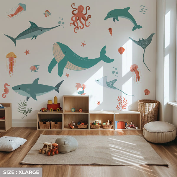 Teal Ocean Whale & Shark Wall Decal Set