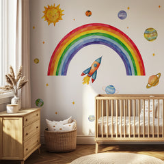 Rainbow Space Wall Decal – Sun, Planets & Rocket | Kids Room Wall Sticker