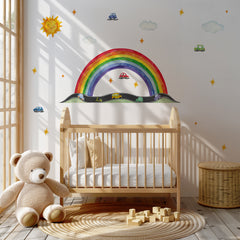 Rainbow Road Wall Decal – Cars, Sun & Clouds | Kids Nursery Wall Sticker