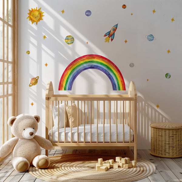 Rainbow Space Wall Decal – Sun, Planets & Rocket | Kids Room Wall Sticker