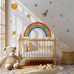 Rainbow Space Wall Decal – Sun, Planets & Rocket | Kids Room Wall Sticker