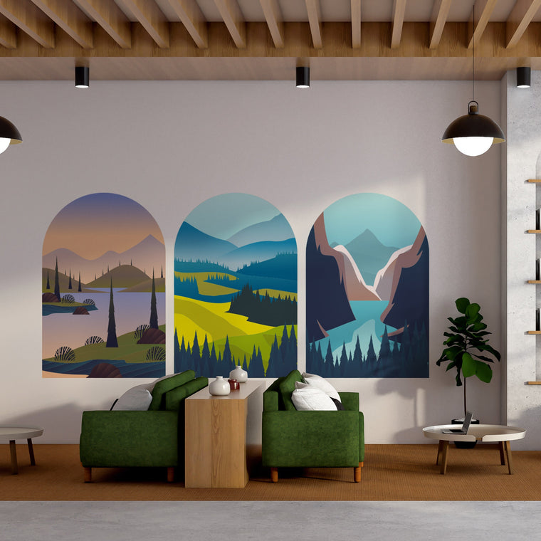 3 Of Set Wall Art, Blue Mountain Wall Decal, Wiev Wall Decal, Removable Wall Decal, Contemporary Sticker,