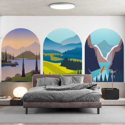 3 Of Set Wall Art, Blue Mountain Wall Decal, Wiev Wall Decal, Removable Wall Decal, Contemporary Sticker,