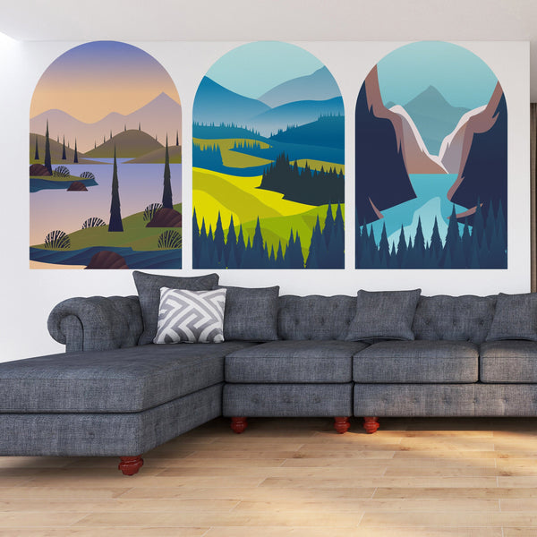 3 Of Set Wall Art, Blue Mountain Wall Decal, Wiev Wall Decal, Removable Wall Decal, Contemporary Sticker,