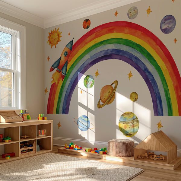 Rainbow Space Wall Decal – Sun, Planets & Rocket | Kids Room Wall Sticker