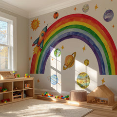 Rainbow Space Wall Decal – Sun, Planets & Rocket | Kids Room Wall Sticker