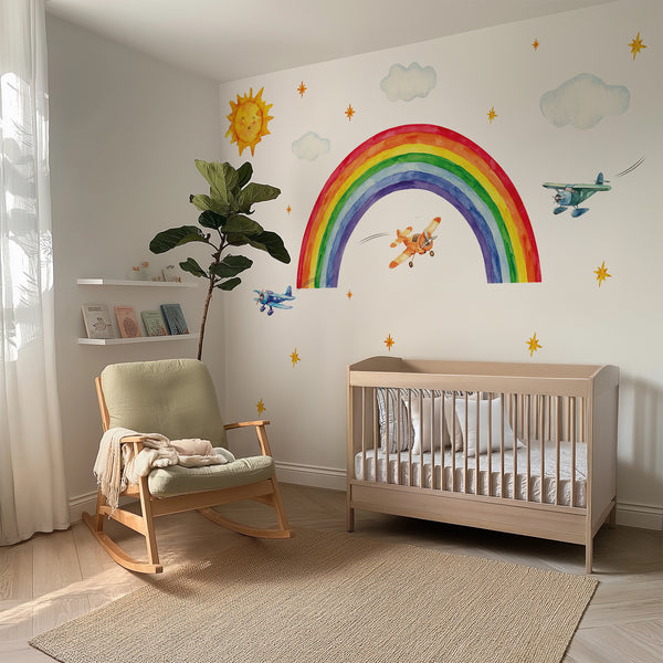 Rainbow Airplane Wall Decal – Planes, Sun & Clouds | Kids Nursery Wall Sticker
