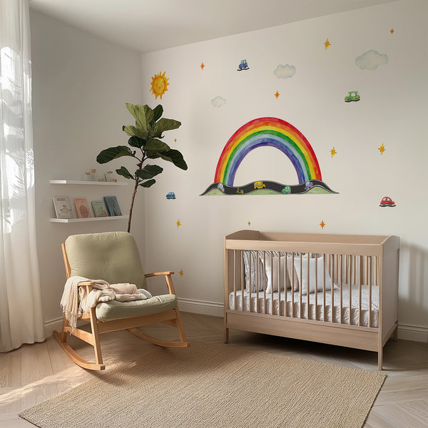 Rainbow Road Wall Decal – Cars, Sun & Clouds | Kids Nursery Wall Sticker