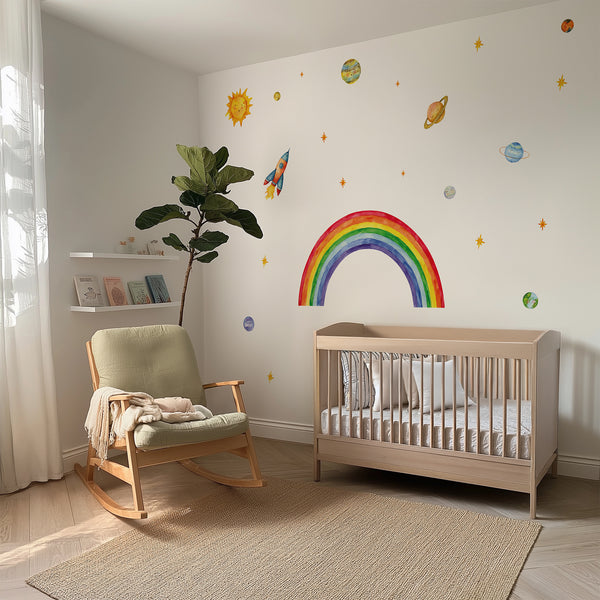 Rainbow Space Wall Decal – Sun, Planets & Rocket | Kids Room Wall Sticker