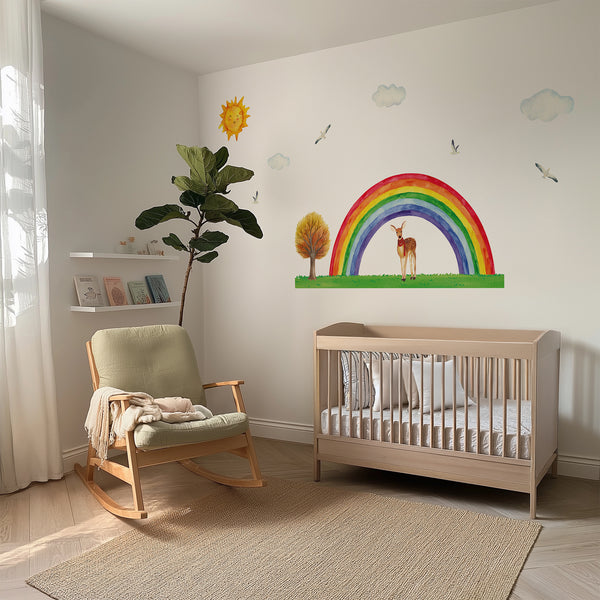 Rainbow & Deer Nursery Wall Decal – Sun, Clouds and Nature Theme | Kids Room Wall Sticker