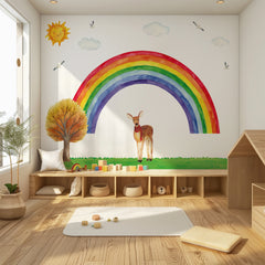 Rainbow & Deer Nursery Wall Decal – Sun, Clouds and Nature Theme | Kids Room Wall Sticker