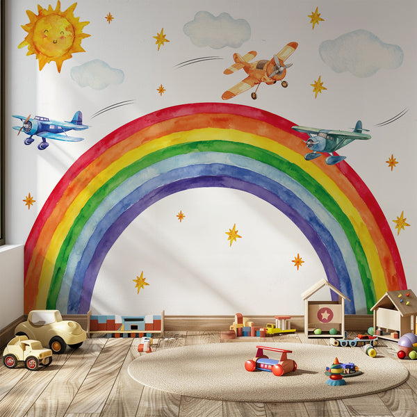Rainbow Airplane Wall Decal – Planes, Sun & Clouds | Kids Nursery Wall Sticker