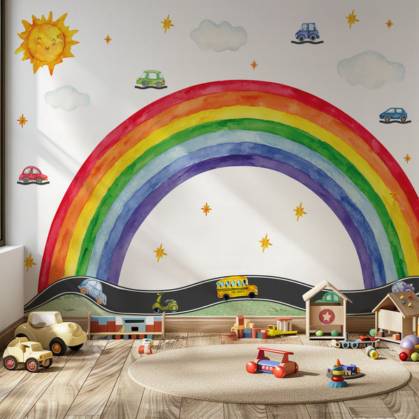 Rainbow Road Wall Decal – Cars, Sun & Clouds | Kids Nursery Wall Sticker