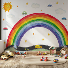 Rainbow Road Wall Decal – Cars, Sun & Clouds | Kids Nursery Wall Sticker