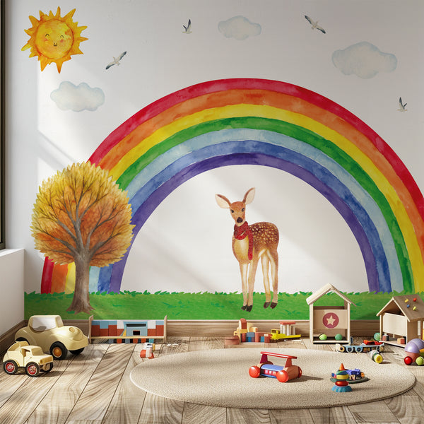 Rainbow & Deer Nursery Wall Decal – Sun, Clouds and Nature Theme | Kids Room Wall Sticker