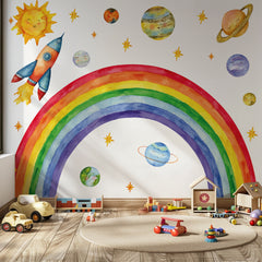 Rainbow Space Wall Decal – Sun, Planets & Rocket | Kids Room Wall Sticker