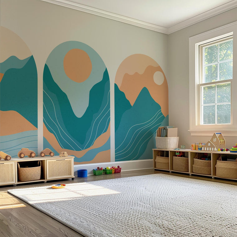 Abstract Blue & Terracotta Arch Wall Decal: Mountain Landscape Mural – Peel and Stick Wall Art | Single Arch or Full Set (3 Arches)