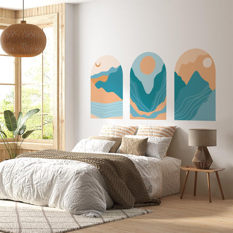 Abstract Blue & Terracotta Arch Wall Decal: Mountain Landscape Mural – Peel and Stick Wall Art | Single Arch or Full Set (3 Arches)