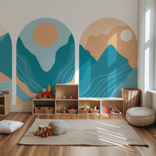 Abstract Blue & Terracotta Arch Wall Decal: Mountain Landscape Mural – Peel and Stick Wall Art | Single Arch or Full Set (3 Arches)