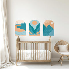 Abstract Blue & Terracotta Arch Wall Decal: Mountain Landscape Mural – Peel and Stick Wall Art | Single Arch or Full Set (3 Arches)