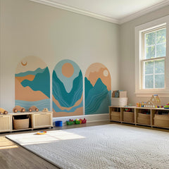 Abstract Blue & Terracotta Arch Wall Decal: Mountain Landscape Mural – Peel and Stick Wall Art | Single Arch or Full Set (3 Arches)