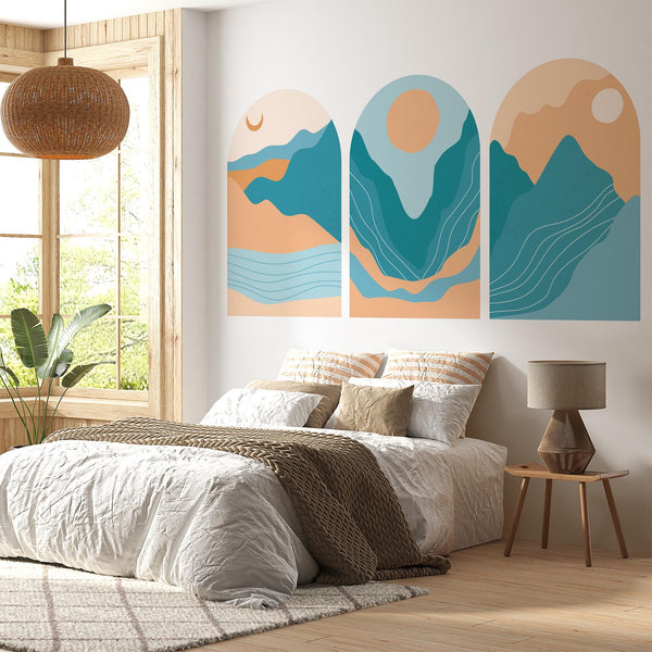 Abstract Blue & Terracotta Arch Wall Decal: Mountain Landscape Mural – Peel and Stick Wall Art | Single Arch or Full Set (3 Arches)