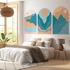Abstract Blue & Terracotta Arch Wall Decal: Mountain Landscape Mural – Peel and Stick Wall Art | Single Arch or Full Set (3 Arches)