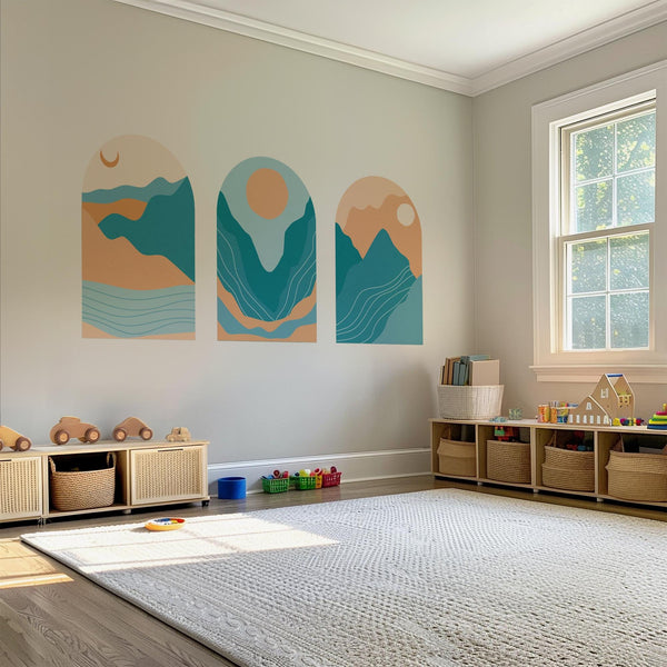 Abstract Blue & Terracotta Arch Wall Decal: Mountain Landscape Mural – Peel and Stick Wall Art | Single Arch or Full Set (3 Arches)