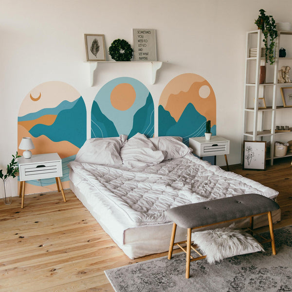Abstract Blue & Terracotta Arch Wall Decal: Mountain Landscape Mural – Peel and Stick Wall Art | Single Arch or Full Set (3 Arches)