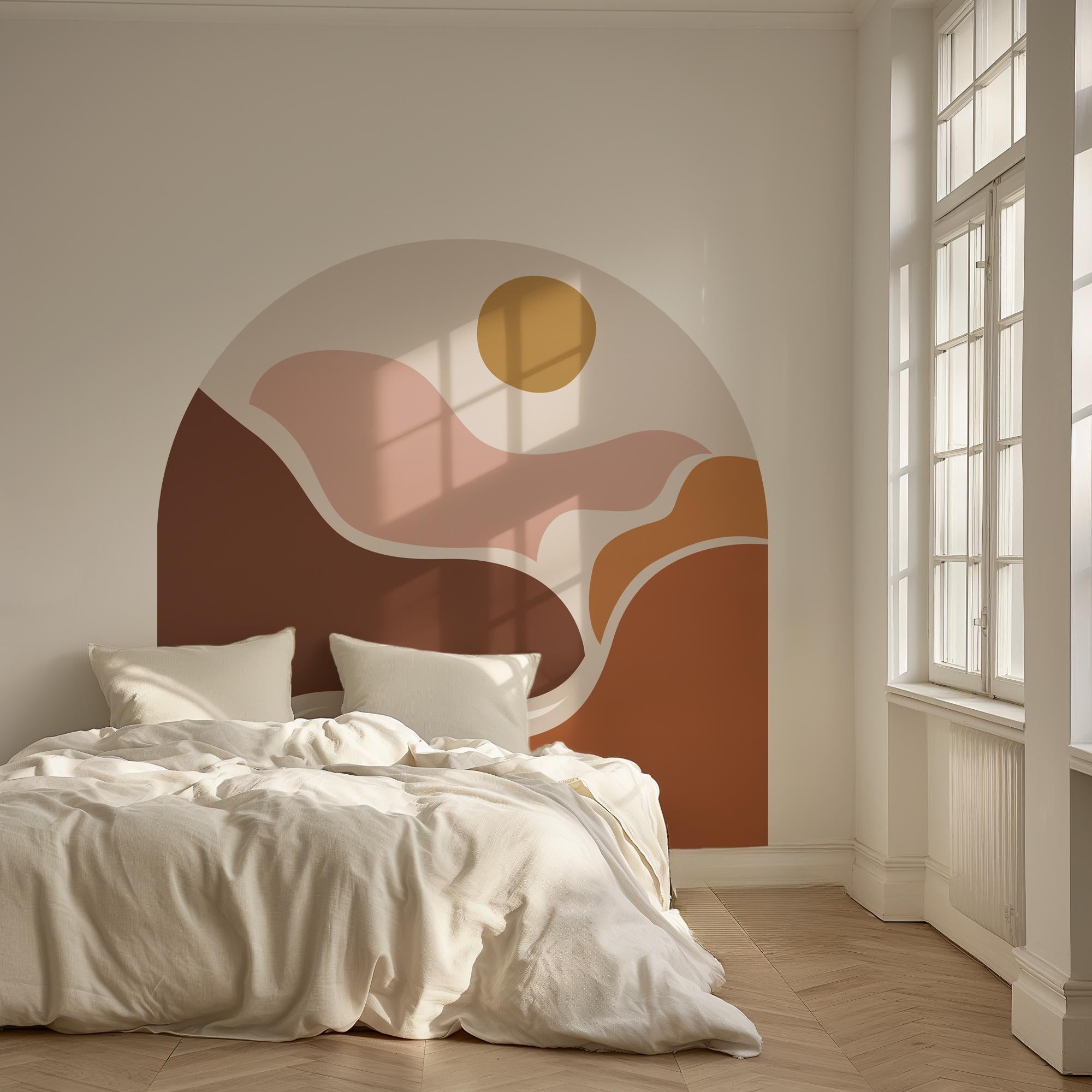 Abstract Boho Desert Sunset Arch Wall Decal – Warm Flowing Landscape Waves Mural