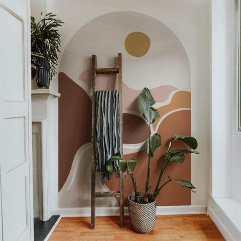 Abstract Boho Desert Sunset Arch Wall Decal – Warm Flowing Landscape Waves Mural