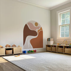 Abstract Boho Desert Sunset Arch Wall Decal – Warm Flowing Landscape Waves Mural