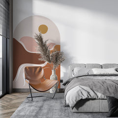Abstract Boho Desert Sunset Arch Wall Decal – Warm Flowing Landscape Waves Mural