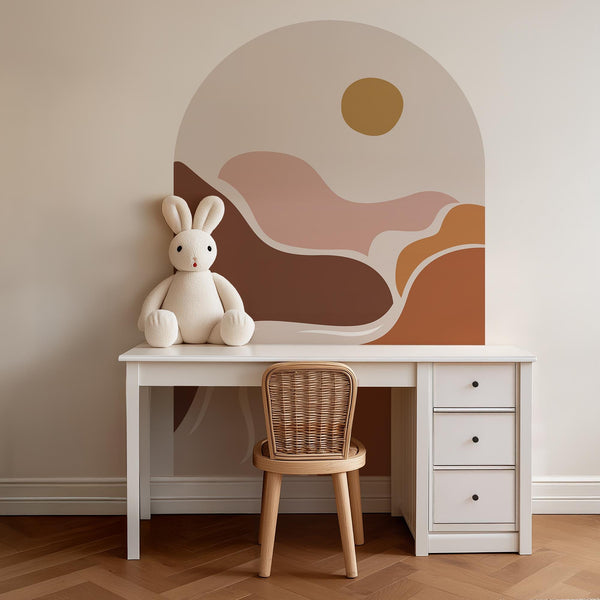 Abstract Boho Desert Sunset Arch Wall Decal – Warm Flowing Landscape Waves Mural