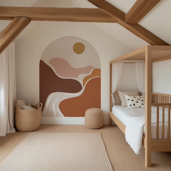 Abstract Boho Desert Sunset Arch Wall Decal – Warm Flowing Landscape Waves Mural