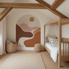 Abstract Boho Desert Sunset Arch Wall Decal – Warm Flowing Landscape Waves Mural