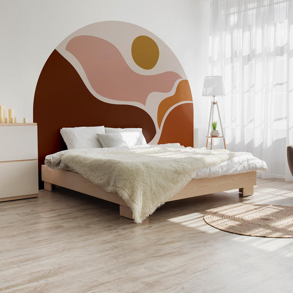 Abstract Boho Desert Sunset Arch Wall Decal – Warm Flowing Landscape Waves Mural