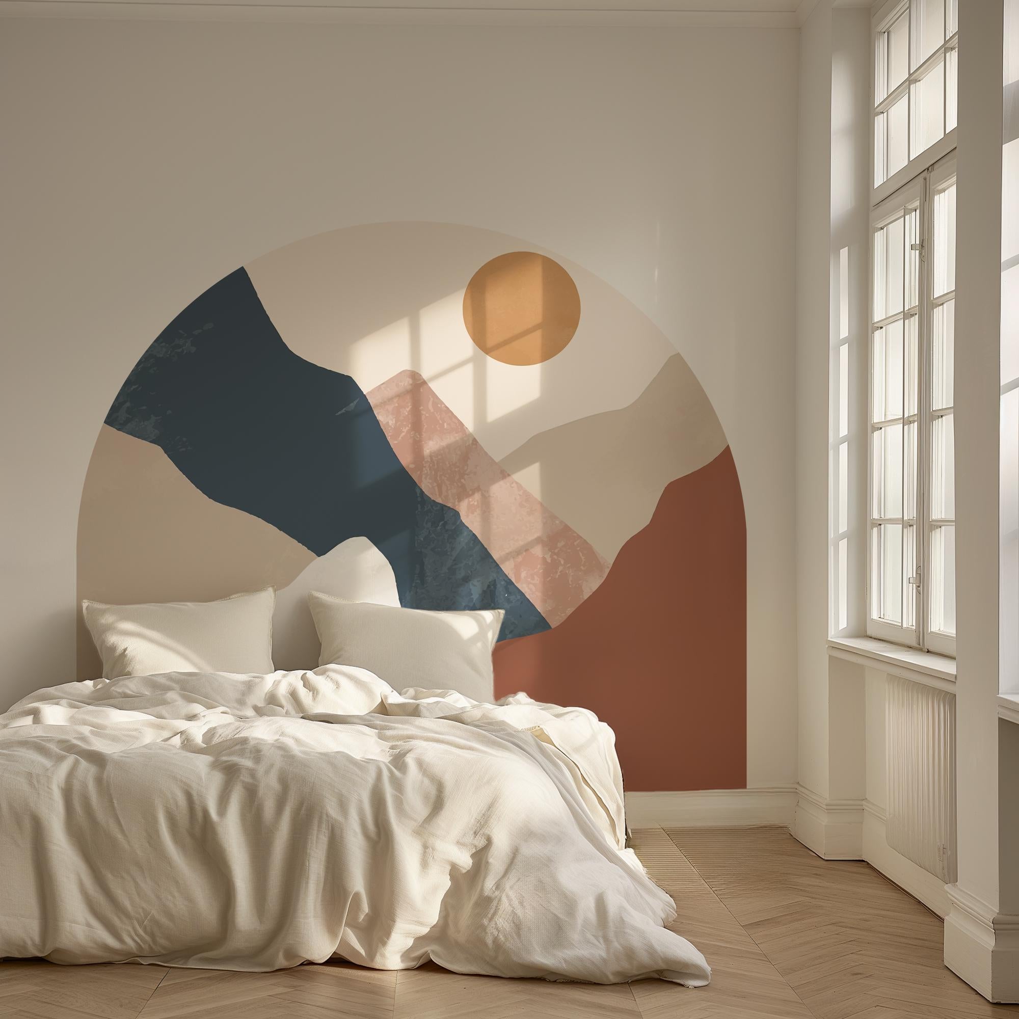 Abstract Mountain Sunset Arch Wall Decal – Neutral Earth Tone Landscape Mural